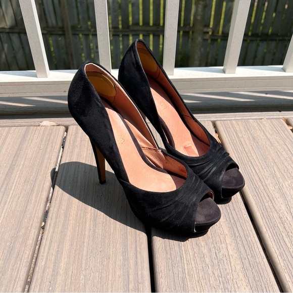 Aldo Elegant Black Suede Peep-Toe Heels - Picture 1 of 9